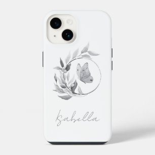 Floral Butterfly Monochrome Simple Stylish Name iPhone 14 Case