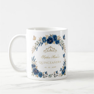 Floral Butterfly Navy Gold Tiara Quinceañera Coffee Mug