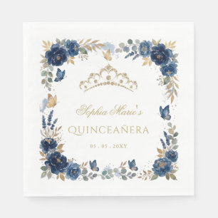 Floral Butterfly Navy Gold Tiara Quinceañera Napkin