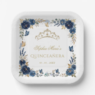 Floral Butterfly Navy Gold Tiara Quinceañera Paper Plate