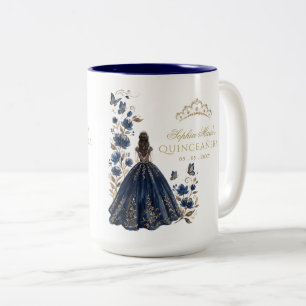 Floral Butterfly Navy Gold Tiara Quinceañera Two-Tone Coffee Mug