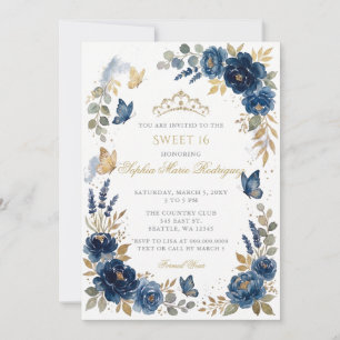 Floral Butterfly Navy Gold Tiara Sweet 16 Invitation