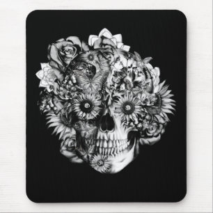 Floral Butterfly Ohm skull illustration in black Mouse Mat