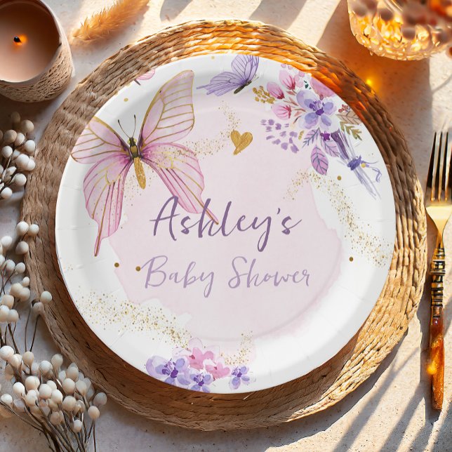 Floral Butterfly Pink Garden Girl Baby Shower Paper Plate (Creator Uploaded)