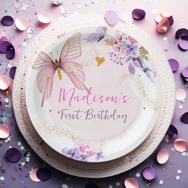 Floral Butterfly Pink Garden Girl Birthday Paper Plate (Creator Uploaded)