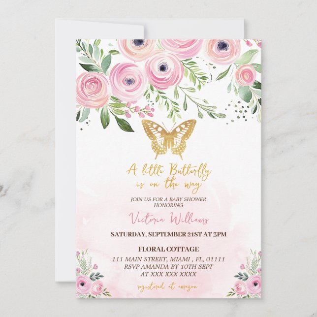 Floral Butterfly Pink Girl Baby Shower  Invitation (Front)