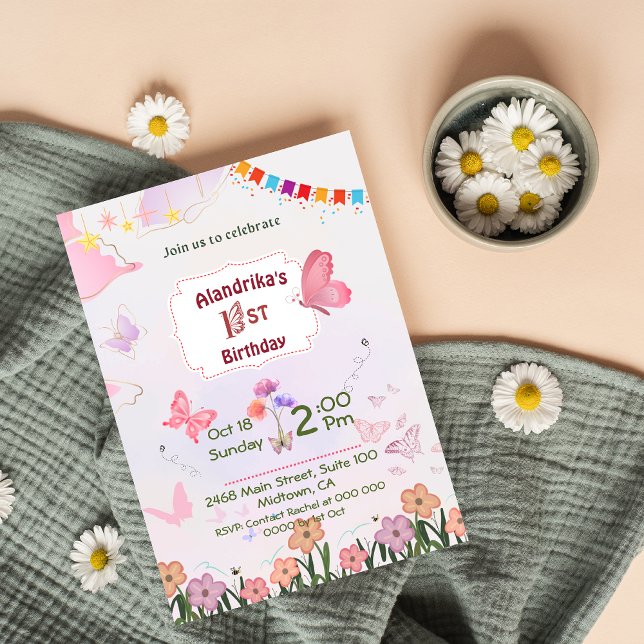 Floral butterfly pink & white 1st modern birthday  invitation (Creator Uploaded)