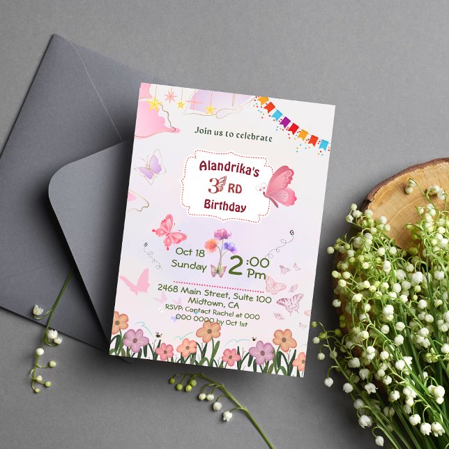 Floral butterfly pink & white cute 3rd birthday  invitation (Creator Uploaded)