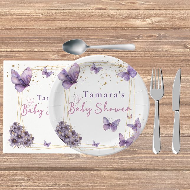 Floral Butterfly Purple Gold Baby Shower Party Paper Plate (Creator Uploaded)