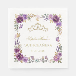 Floral Butterfly Purple Gold Tiara Quinceañera Napkin