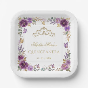 Floral Butterfly Purple Gold Tiara Quinceañera Paper Plate