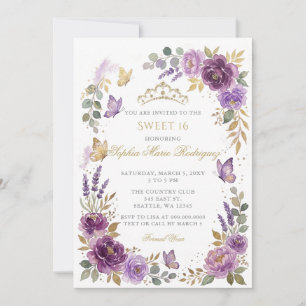 Floral Butterfly Purple Gold Tiara Sweet 16 Invitation