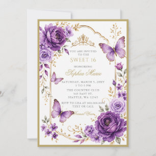 Floral Butterfly Purple Gold Tiara Sweet 16 Invitation