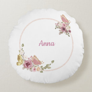 Floral Butterfly Rose Gold – Custom Name Round Cushion
