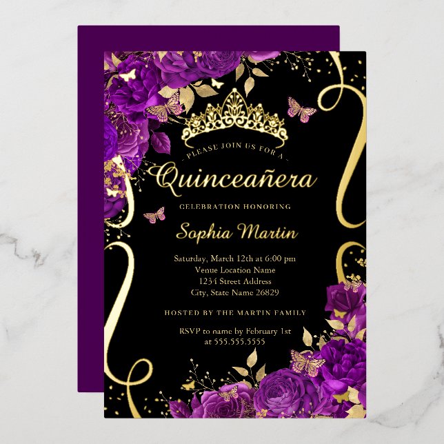 Floral Butterfly Scroll Purple Black Quinceanera  (Front/Back)