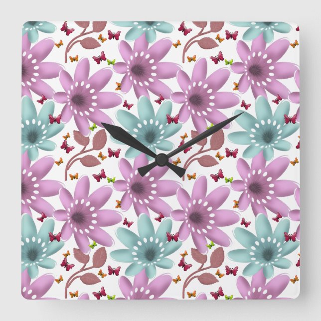 Floral Butterfly Seamless Pattern | Pink and Mint  Square Wall Clock (Front)