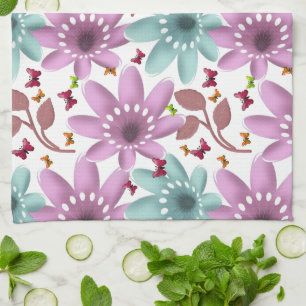 Floral Butterfly Seamless Pattern   Pink and Mint  Tea Towel