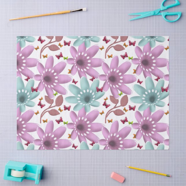 Floral Butterfly Seamless Pattern | Pink and Mint  Tissue Paper (Craft)