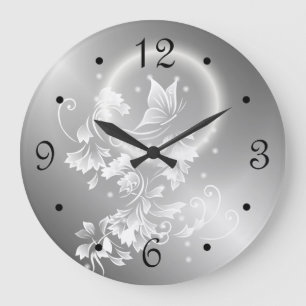 Floral Butterfly Silver Fantasy Numbers Large Clock