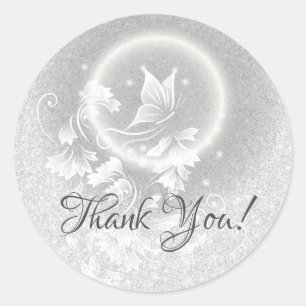 Floral Butterfly Silver Thank You Classic Round Sticker