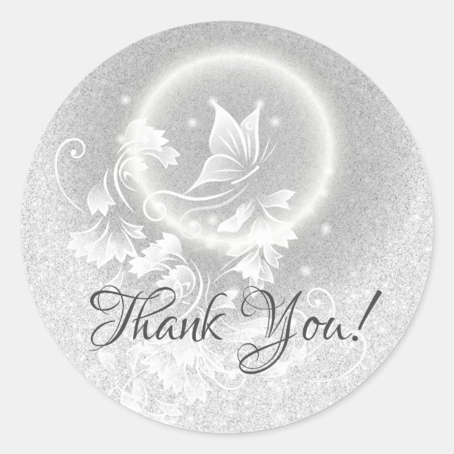 Floral Butterfly Silver Thank You Classic Round Sticker (Front)