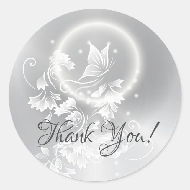 Floral Butterfly Silver Thank You Classic Round Sticker (Front)