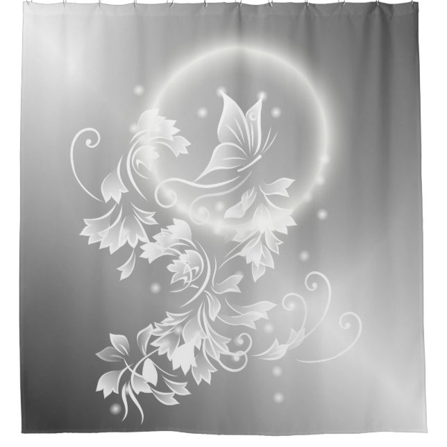 Floral Butterfly Silver White Fantasy Shower Curtain (Front)