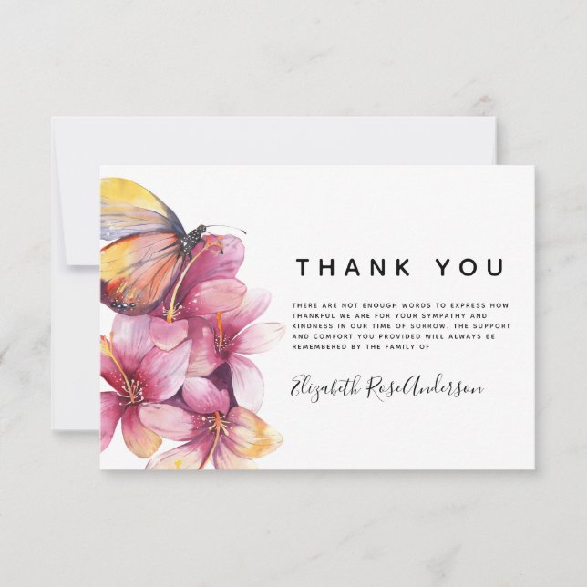 Floral Butterfly Sympathy Funeral Thank You Card (Front)