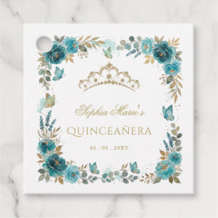 Floral Butterfly Teal Gold Tiara Quinceañera Favour Tags
