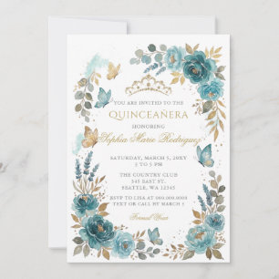 Floral Butterfly Teal Gold Tiara Quinceañera Invitation