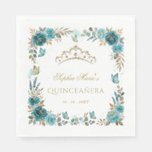 Floral Butterfly Teal Gold Tiara Quinceañera
