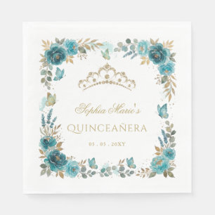 Floral Butterfly Teal Gold Tiara Quinceañera Napkin