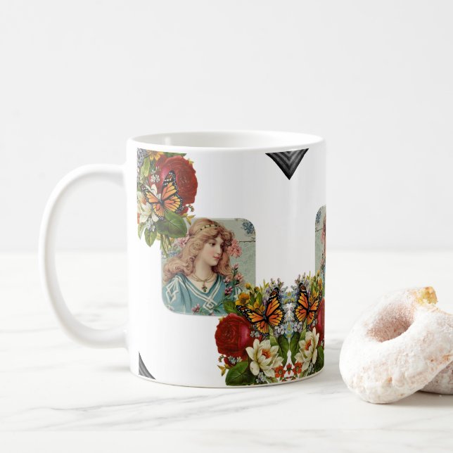 Floral Butterfly Victorian Woman Mug (With Donut)