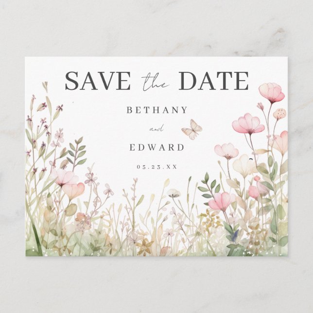Floral Butterfly Wedding Save the Date Postcard (Front)
