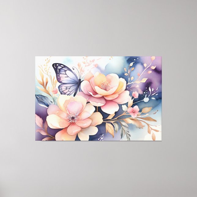 Floral Butterfly Whimsy Watercolor Art Canvas Print (Front)