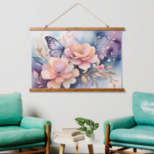 Floral Butterfly Whimsy Watercolor Art Hanging Tapestry