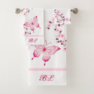 Floral Butterfly White Hot Pink Monogram Bath Towel Set