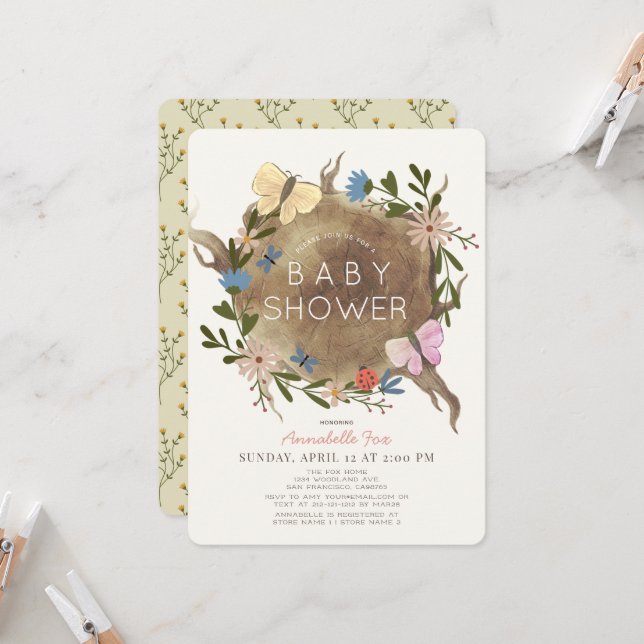 Floral Butterfly Wood Stump Baby Shower Invitation (Front/Back In Situ)