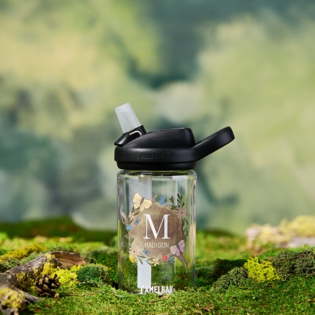 Floral Butterfly Wood Stump Monogram Kids Water Bottle (Outdoor)