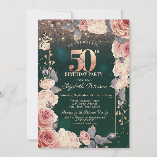 Floral,Butterly,Lights 50th Green Birthday Party  Invitation (Front)