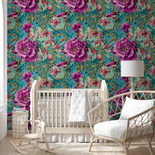 Floral Byzantine country cottage flower mural Wallpaper (Kids)