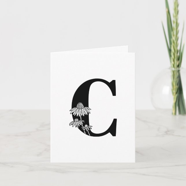 Floral C Monogram On White Note Card (Front)