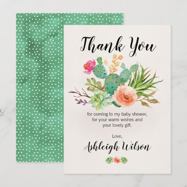 Floral Cactus Baby Shower Than k You Card (Front/Back)