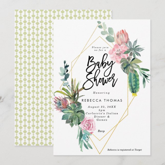 floral cactus geometric baby shower invitation (Front/Back)