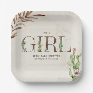 Floral Cactus Leather Girl Baby Shower Paper Plate