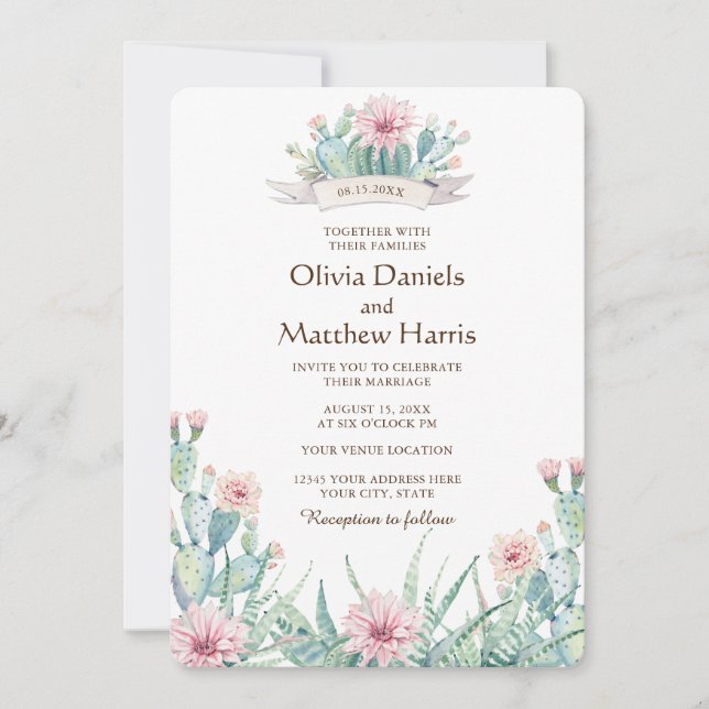 Floral cactus & succulent. Botanical wedding Invitation (Front)