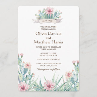 Floral cactus & succulent. Botanical wedding Invitation