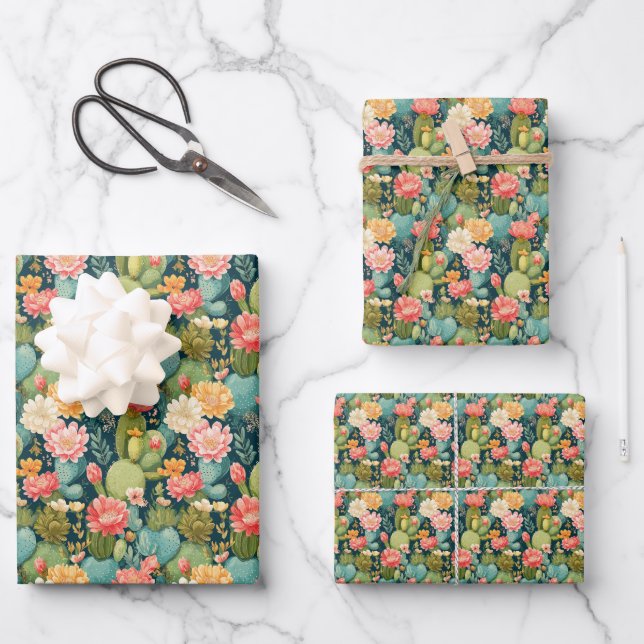 Floral Cactus Succulent Wrapping Paper Sheet (Front)