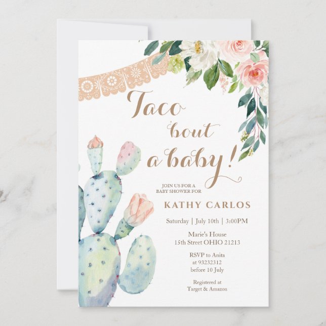 Floral Cactus Taco ‘Bout a Baby Pampas Grass  Invitation (Front)