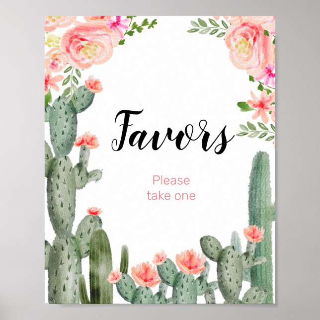 Floral cactus Watercolor Favor Sign (Front)